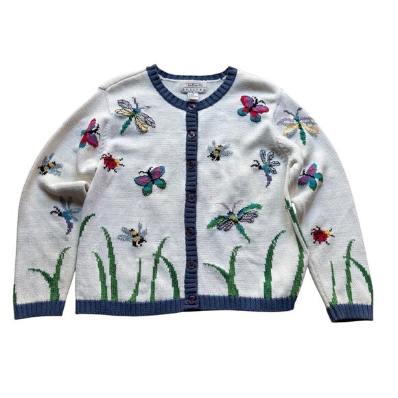 Vintage Talbots Size PS White Cotton Silk Blend Butterfly Ladybug Knit Cardigan - Picture 1 of 16